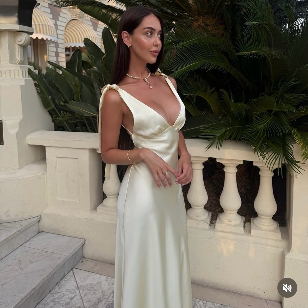 Zara Butter Yellow Halter Maxi Dress with Plunging Neckline Scarf Wedding Party